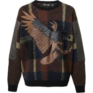 Vintage 90s Street Scenes Eagle Leather Patch Sweater Mens Medium Brown Plaid